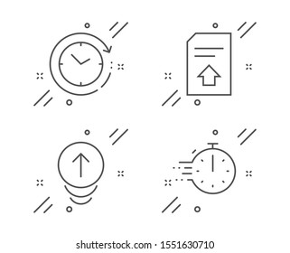 Upload file, Time change and Swipe up line icons set. Cooking timer sign. Load document, Clock, Scrolling page. Stopwatch. Technology set. Line upload file outline icon. Vector