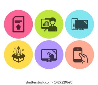 Upload file, Touch screen and Startup icons simple set. Computer, Presentation board and Hold smartphone signs. Load document, Web support. Technology set. Flat upload file icon. Circle button. Vector