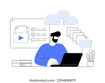 Upload files abstract concept vector illustration. Concentrated man with laptop uploading documents online, modern IT technology, professional computer software, file sharing abstract metaphor.