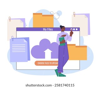 Upload files to cloud. Woman with cloud service uploading documents at server. Storage and archive with files. Saving backup to internet. Flat vector illustration