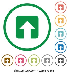 Upload flat color icons in round outlines on white background