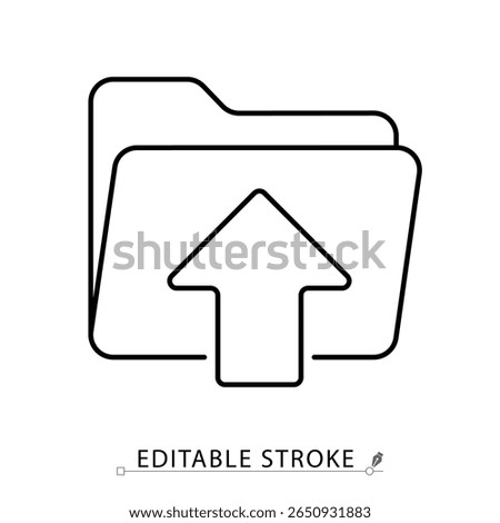 An upload folder icon in minimalist style with editable stroke. File sending, data transfer, digital upload, information sharing, document delivery, content export, outline vector illustration.