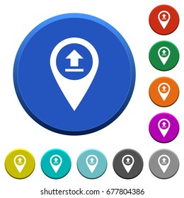 Upload GPS map location round color beveled buttons with smooth surfaces and flat white icons