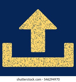 Upload grainy textured icon for overlay watermark stamps. Flat symbol with unclean texture. Dotted vector yellow ink rubber seal stamp with grunge design on a blue background.