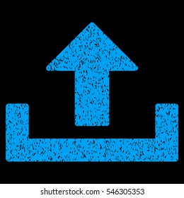 Upload grainy textured icon for overlay watermark stamps. Flat symbol with unclean texture. Dotted vector blue ink rubber seal stamp with grunge design on a black background.