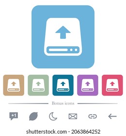 Upload from hard disk white flat icons on color rounded square backgrounds. 6 bonus icons included