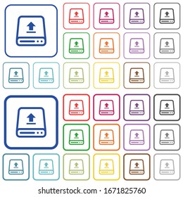 Upload from hard drive color flat icons in rounded square frames. Thin and thick versions included.