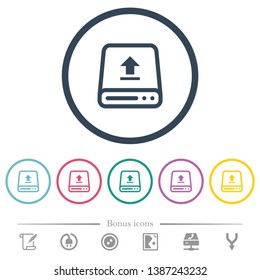 Upload from hard drive flat color icons in round outlines. 6 bonus icons included.