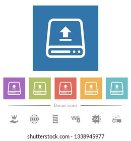 Upload from hard drive flat white icons in square backgrounds. 6 bonus icons included.