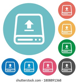Upload from hard drive flat white icons on round color backgrounds