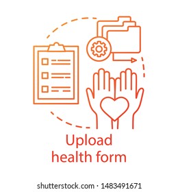 Upload health form concept icon. Camp, interest club application idea thin line illustration. Mandatory health check, verification before camping trip. Vector isolated outline drawing. Editable stroke
