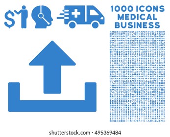 Upload icon with 1000 medical commercial cobalt vector pictographs. Collection style is flat symbols, white background.