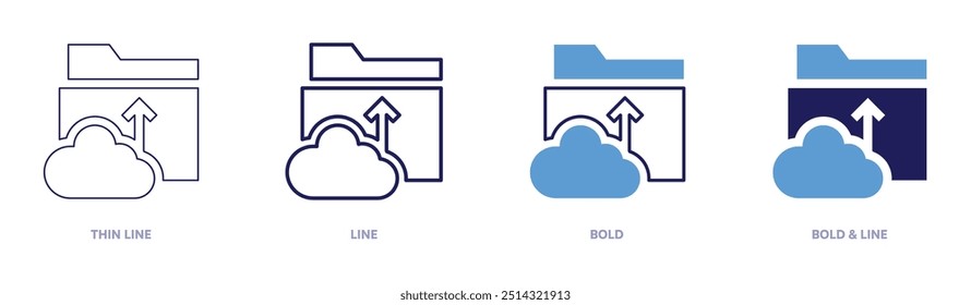 Upload icon in 4 different styles. Thin Line, Line, Bold, and Bold Line. Duotone style. Editable stroke.