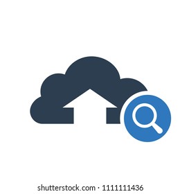 Upload icon, arrows icon with research sign. Upload icon and explore, find, inspect symbol. Vector illustration