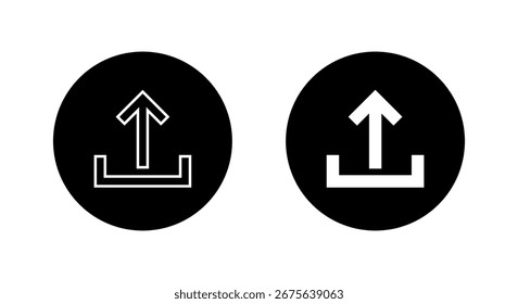 Upload icon in black circle. Arrow export symbol