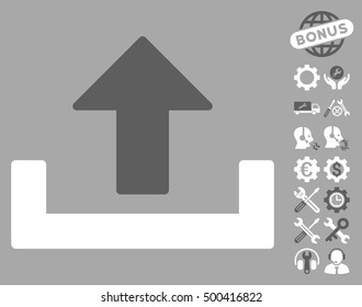 Upload icon with bonus configuration symbols. Vector illustration style is flat iconic symbols, dark gray and white colors, silver background.