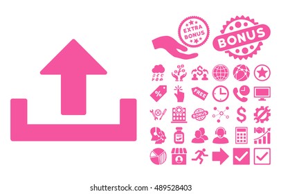 Upload icon with bonus images. Vector illustration style is flat iconic symbols, pink color, white background.