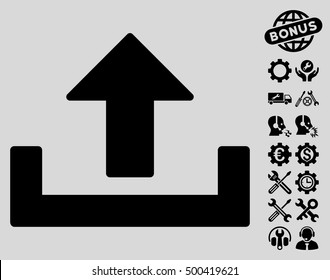 Upload icon with bonus service images. Vector illustration style is flat iconic symbols, black color, light gray background.