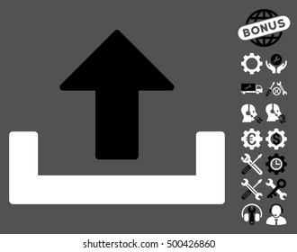 Upload icon with bonus settings images. Vector illustration style is flat iconic symbols, black and white colors, gray background.