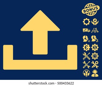 Upload icon with bonus tools design elements. Vector illustration style is flat iconic symbols, yellow color, blue background.