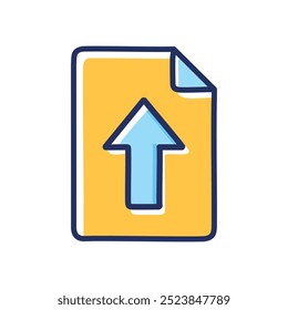 Upload icon. Cartoon illustration of a blue arrow pointing upwards, inside a yellow document. This simple, yet effective icon symbolizes uploading data or files.