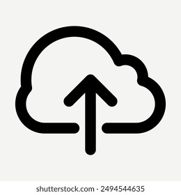 Upload icon, cloud upload symbol in black line style suitable for cloud computing, uploading files, websites, application buttons, and presentations about technology.