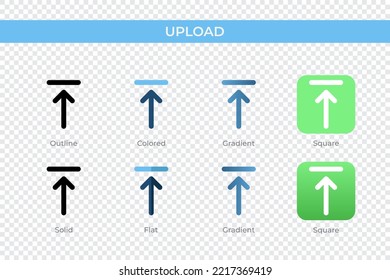 Upload icon in different style. Upload vector icons designed in outline, solid, colored, gradient, and flat style. Symbol, logo illustration. Vector illustration