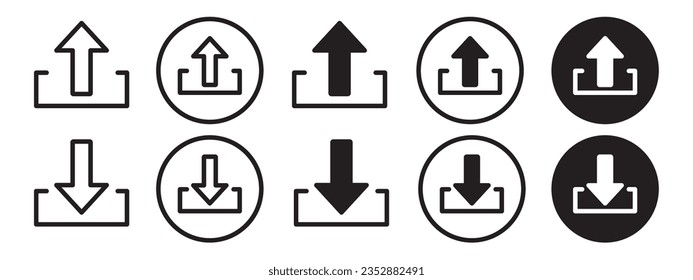 Upload Icon. Download file or data symbol. Vector set of document transfer to database server online through internet. Flat outline of send or receive cloud file save or send in email inbox web sign