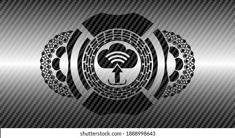 upload icon inside carbon fiber realistic badge. Polymer texture classic background. Artistic illustration. 