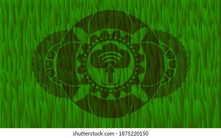 upload icon inside grass emblem. Eco handsome background. Illustration. 