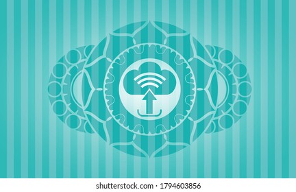 upload icon inside Turquoise realistic badge. Bars classic background. Artistic illustration. 