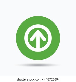 Upload icon. Load internet data symbol. Flat web button with icon on white background. Green round pressbutton with shadow. Vector