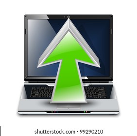 Upload icon, modern laptop with green arrow. Vector