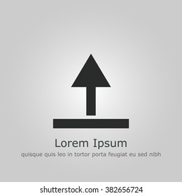 Upload icon , on grey background, dark outline, example text