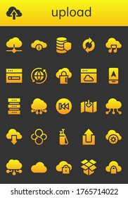 Icon-Set hochladen. 26 gefüllte Upload-Symbole.  Einfache, moderne Symbole wie: Cloud, Datenbank, Synchronisierung, Musikdatei, Download, Cloud Computing, Pfeil, Vorherige, Upload, Cloud-Speicher, Dropbox