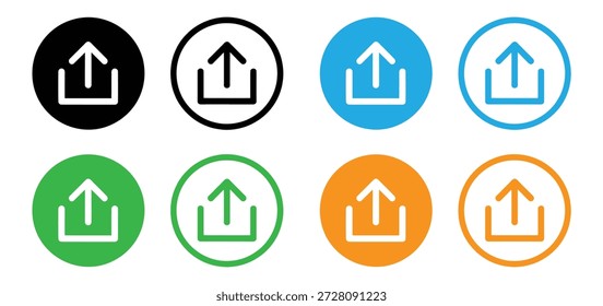 Laden Sie Symbol-Set mit Pfeilsymbolen in bunten kreisförmigen Tasten für die Benutzeroberfläche und Web-Design, Hochladen Symbol Logo-Design. Datenzeichen und -symbol laden,Symbol für das Hochladen von Zeichen. Schaltfläche "Hochladen". Symbol laden