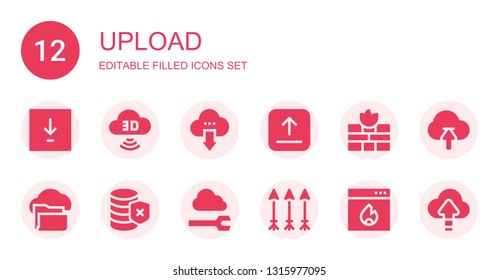 upload icon set. Collection of 12 filled upload icons included Download, Computing cloud, Cloud computing, Upload, Firewall, Cloud, Database, Arrows