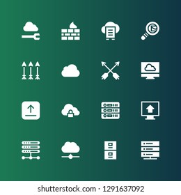 upload icon set. Collection of 16 filled upload icons included Server, Cloud computing, Upload, Database, Cloud storage, Cloud, Arrows, Icloud, Search mail, data, Firewall