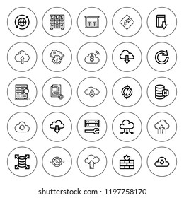 Upload icon set. collection of 25 outline upload icons with cloud computing, cloud sync, cloud, download, database, firewall, loading, new page, server icons. editable icons.