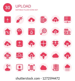 upload icon set. Collection of 30 filled upload icons included Download, Cloud computing, Database, Arrow, Cloud, Firewall, Search mail, Upload, Cloud storage, Dropbox, Icloud