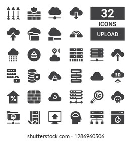 upload icon set. Collection of 32 filled upload icons included Firewall, Server, Cloud, Upload, Search mail, Cloud computing, Arrow, Computing cloud, storage, Database, Download