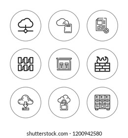 Upload icon set. collection of 9 outline upload icons with cloud, cloud computing, firewall, new page icons. editable icons.