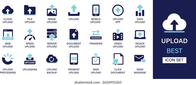 Carregar coleção de conjuntos de ícones. Carregamento de nuvem, arquivo, imagem, móvel, aplicativo, dados, Web, servidor, documento, transferência, vídeo e melhor conjunto de ícones sólidos.