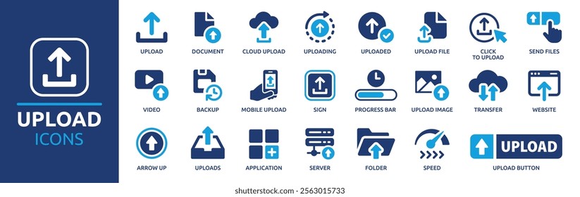 Upload icon set. Containing uploading, file, button, transfer, server, document, uploaded, arrow up, cloud upload and more. Solid vector icons collection.