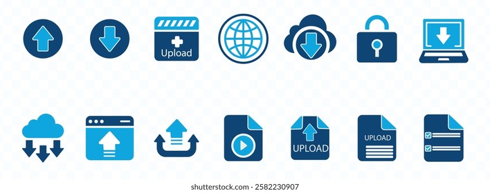 Upload icon set. Containing uploading, file, button, transfer, server, document, uploaded, arrow up, cloud upload and more. Solid vector icons