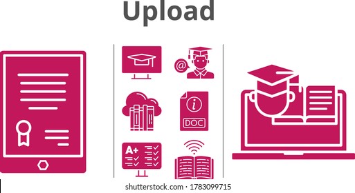 upload icon set. included cloud, tablet, student, book, doc, training, desktop, test icons. filled styles.