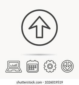 Upload icon. Top arrow sign. Internet load symbol. Notebook, Calendar and Cogwheel signs. Download arrow web icon. Vector