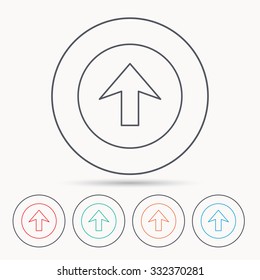 Upload icon. Top arrow sign. Internet load symbol. Linear circle icons.