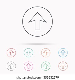Upload icon. Top arrow sign. Internet load symbol. Linear icons on white background.