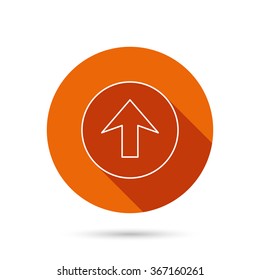 Upload icon. Top arrow sign. Internet load symbol. Round orange web button with shadow.